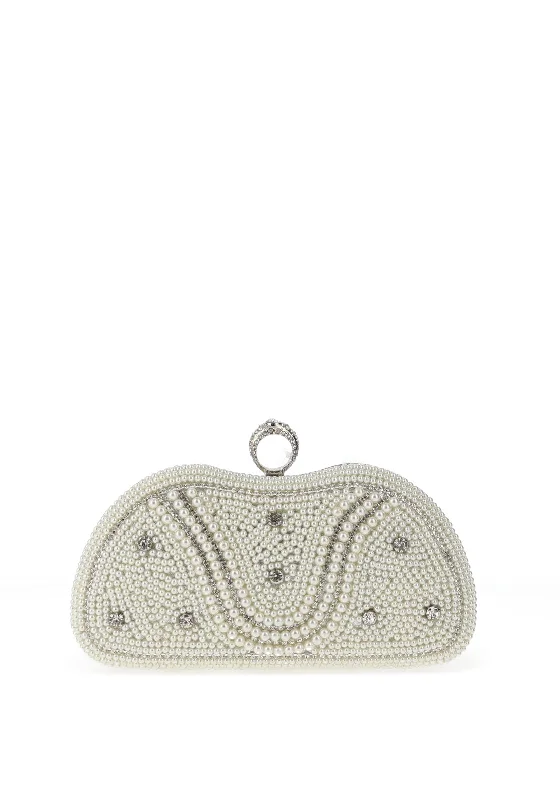 Zen Collection Pearl Encrusted Ring Top Clutch Bag, Silver