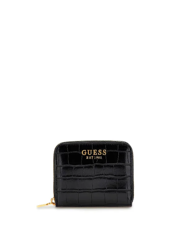 Guess Laurel Croc Small Zip Around Wallet, Black