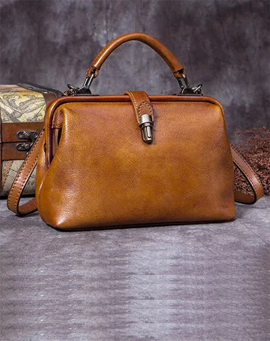 Handmade Tan Leather Handbag Vintage Doctor Bag Shoulder Bag Purse For Women