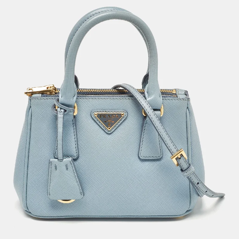 Prada Light Blue Saffiano Lux Leather Micro Double Zip Tote..