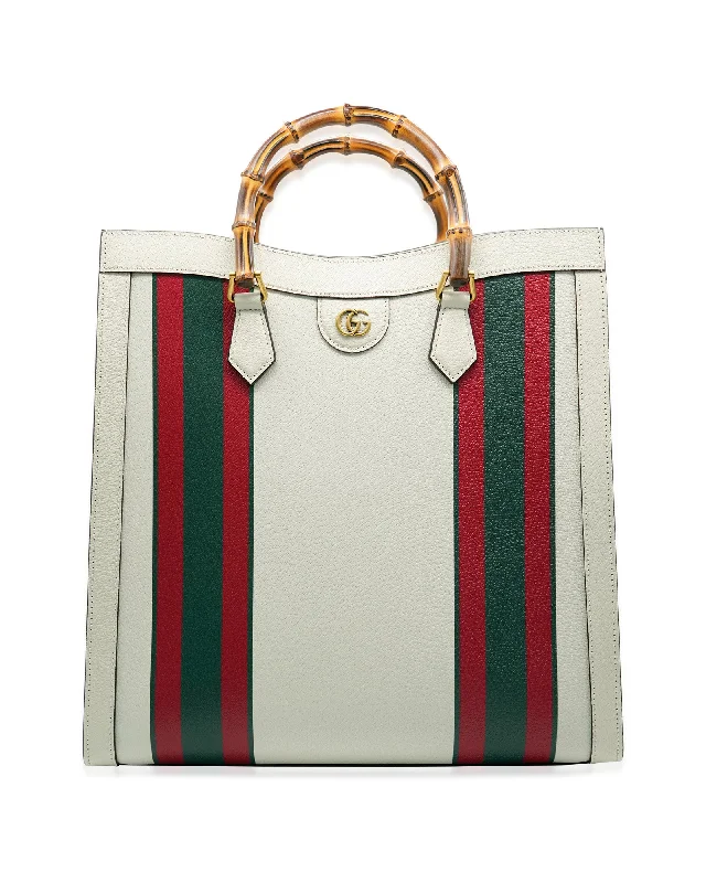 Gucci White Textured Dollar Calfskin Web Large Diana Tote