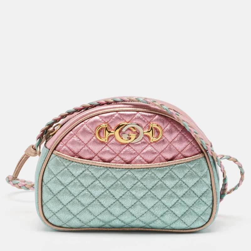 Gucci Metallic Pink/turquoise Quilted Leather Mini Zumi Crossbody Bag