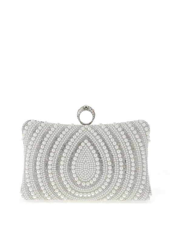 Zen Collection Diamante Pearl Tear Drop Clutch Bag, Silver