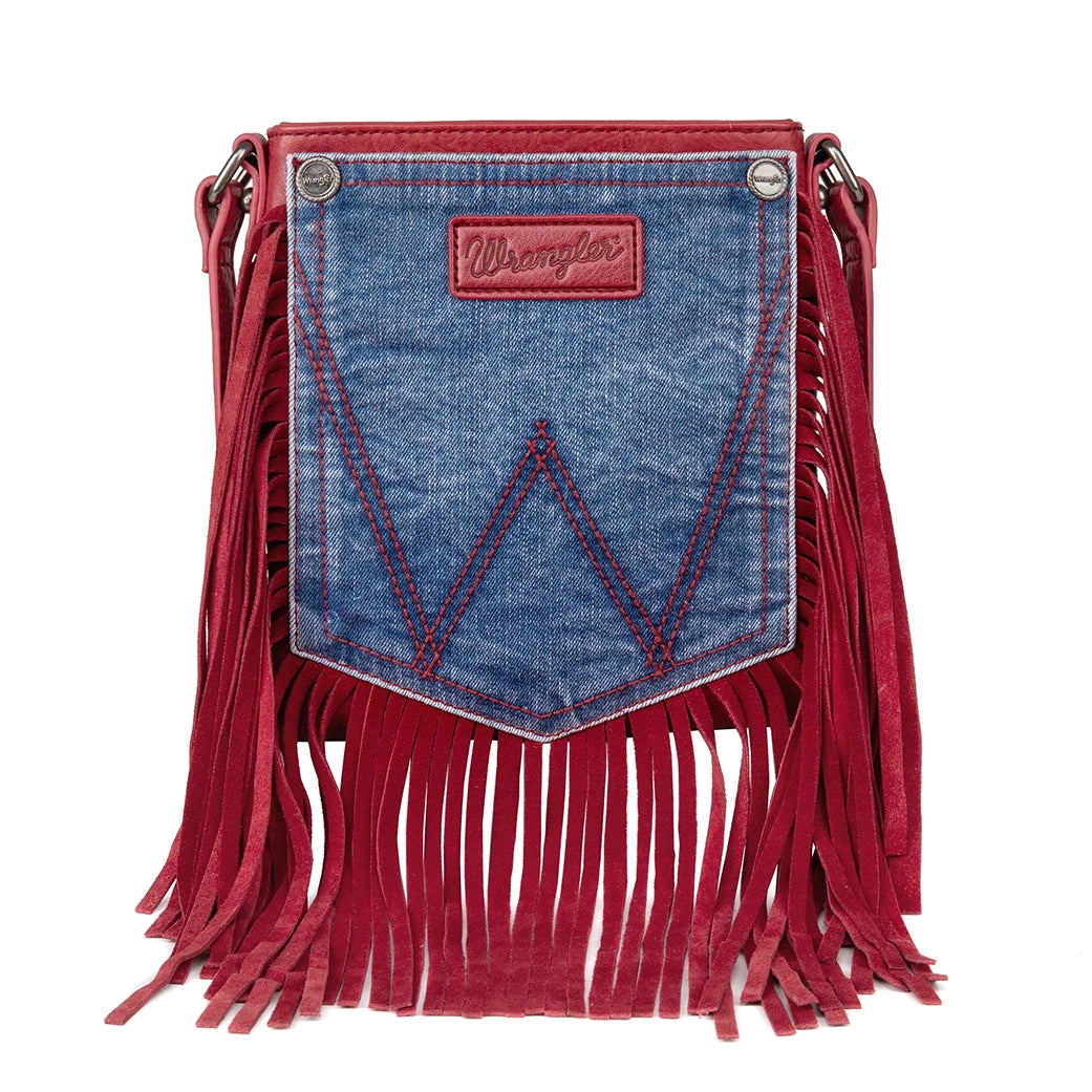 Montana West Wrangler Red Fringe Denim Pocket Crossbody