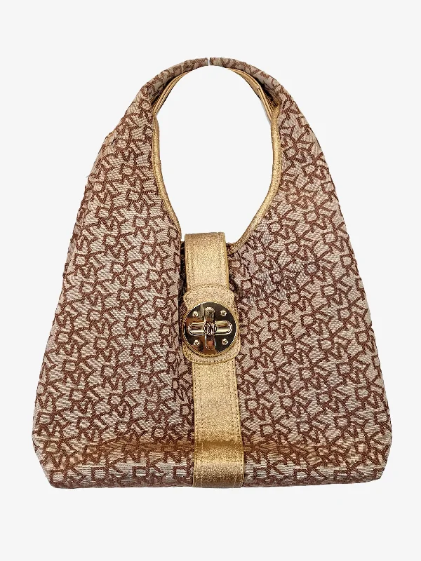 DKNY Retro Gold Logo Print Canvas Hobo Bag Size OSFA