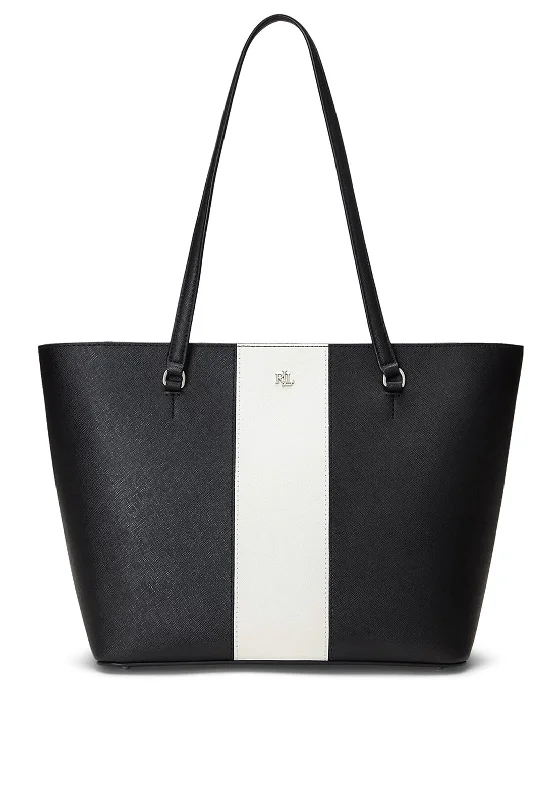 Ralph Lauren Karly Leather Crosshatch Medium Tote Bag, Black & Soft White