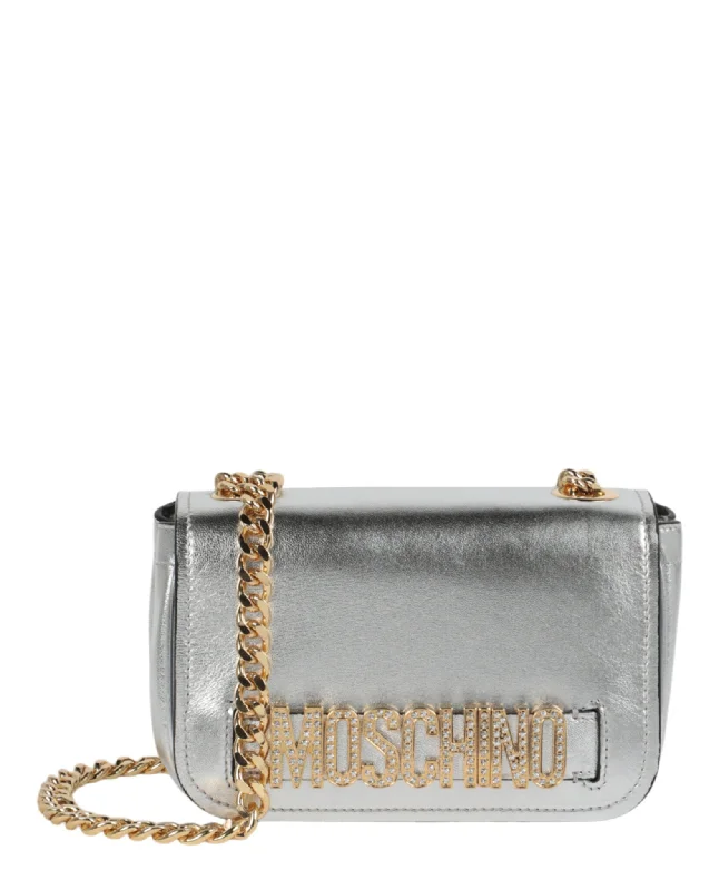 Metallic Leather Crystal-Embellished Logo Crossbody Bag