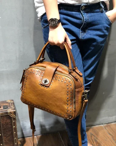 Vintage Womens Rivets Brown Leather Handbags Shoulder Handbags Vintage Leather Purses for Ladies