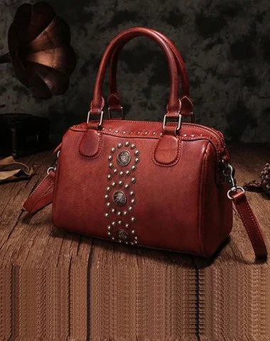 Red Vintage Ladies Leather Rivet Boston Handbag Purse Brown Shoulder Handbag for Women