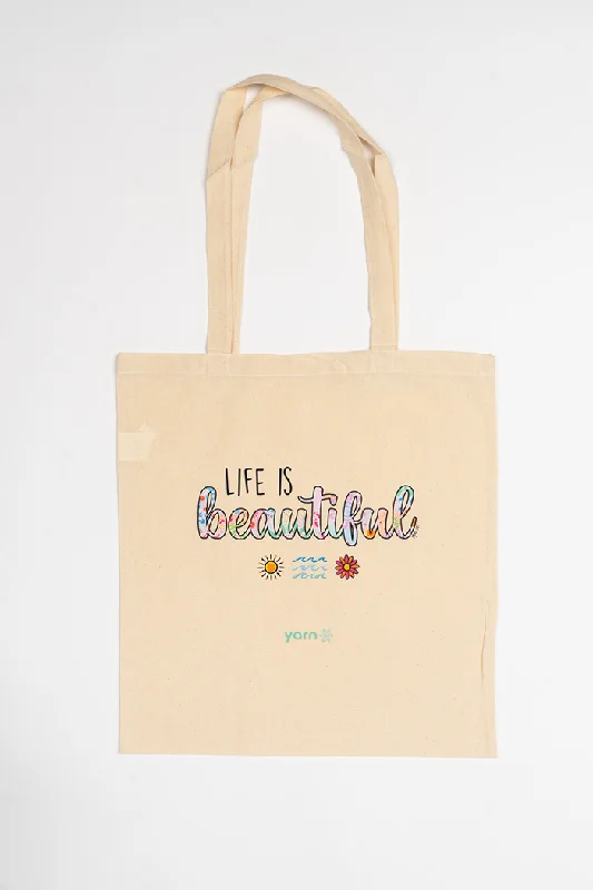 Life Is Beautiful Long Handle Natural Cotton Tote Bag