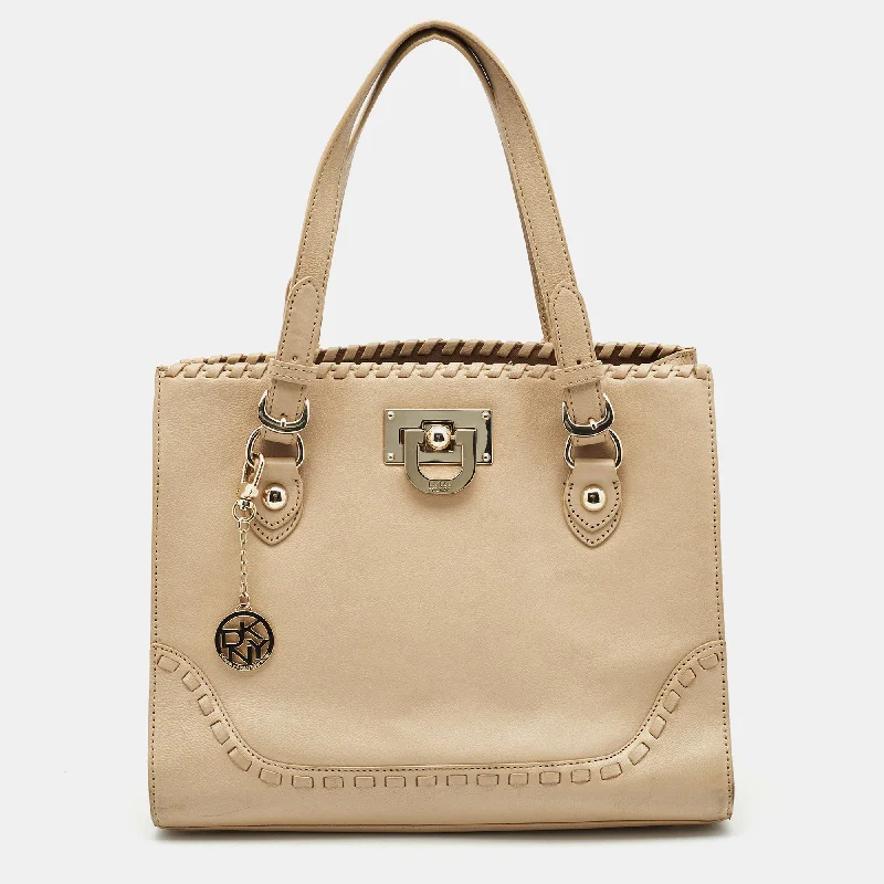 Dkny Beige Leather Beekman French Whipstitch Trim Tote