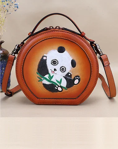 Cutest Women Brown Leather Round Handbag Panda Crossbody Purse Vintage Round Shoulder Bags for Women