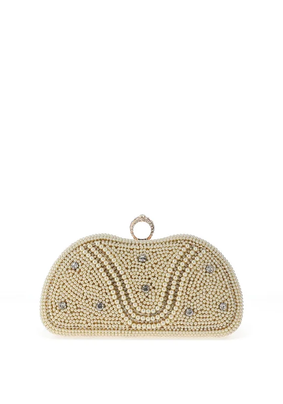 Zen Collection Pearl Encrusted Ring Top Clutch Bag, Gold