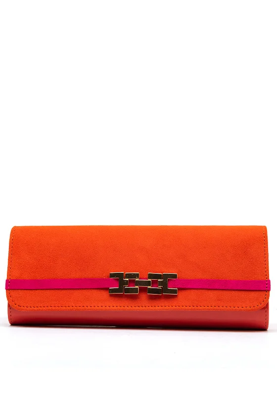 Emis Leather Suede Colour Block Clutch Bag, Orange & Fuchsia