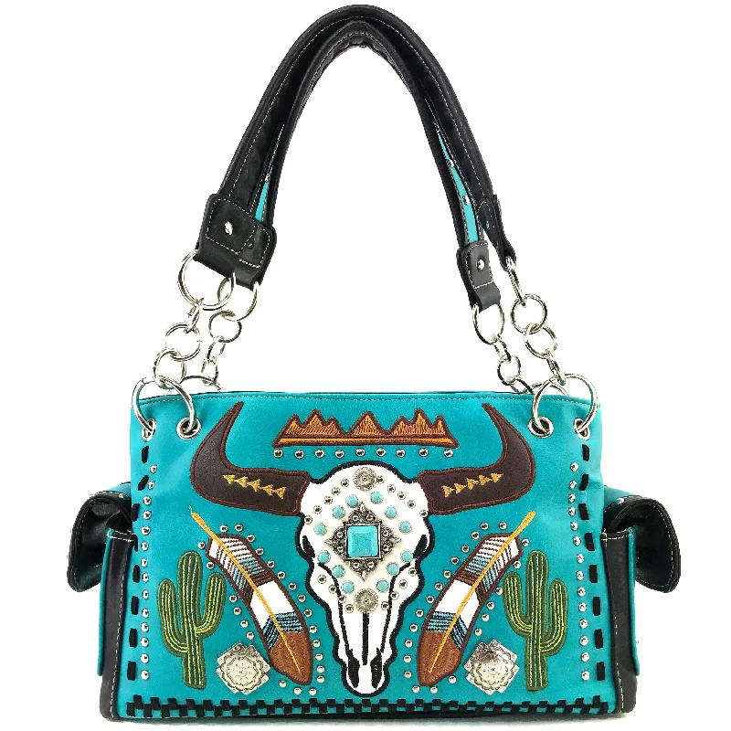 Longhorn Skull Feather Embroidery Handbag