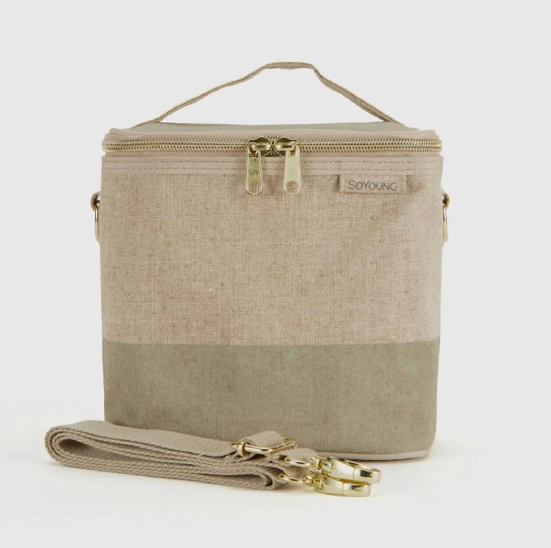 Linen Colorblock Lunch Tote Bag In Beige/sage