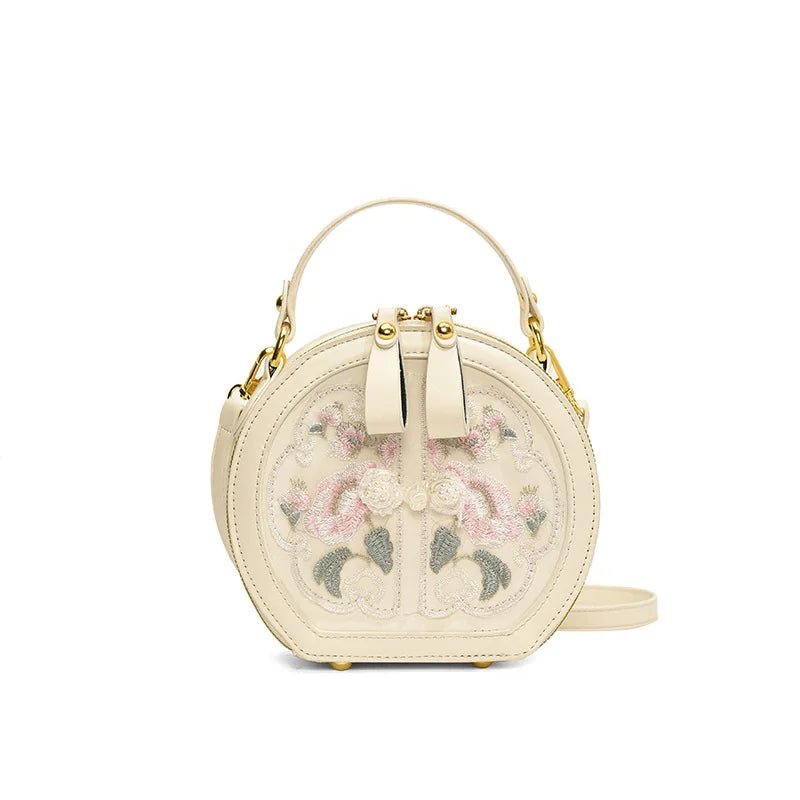 Exquisite Embroidered Floral PU Leather Round Crossbody Tote