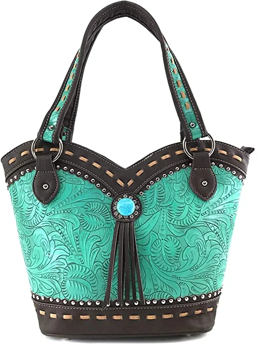 Dixie Turquoise Concho Fringe Floral Tooled Tote Purse