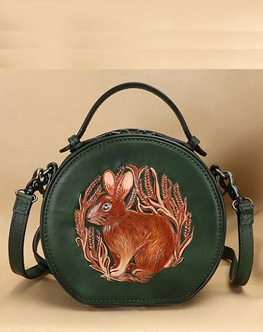 Cutest Womens Green Leather Round Handbag Bunny Crossbody Purse Vintage Round Shoulder Bags for Women