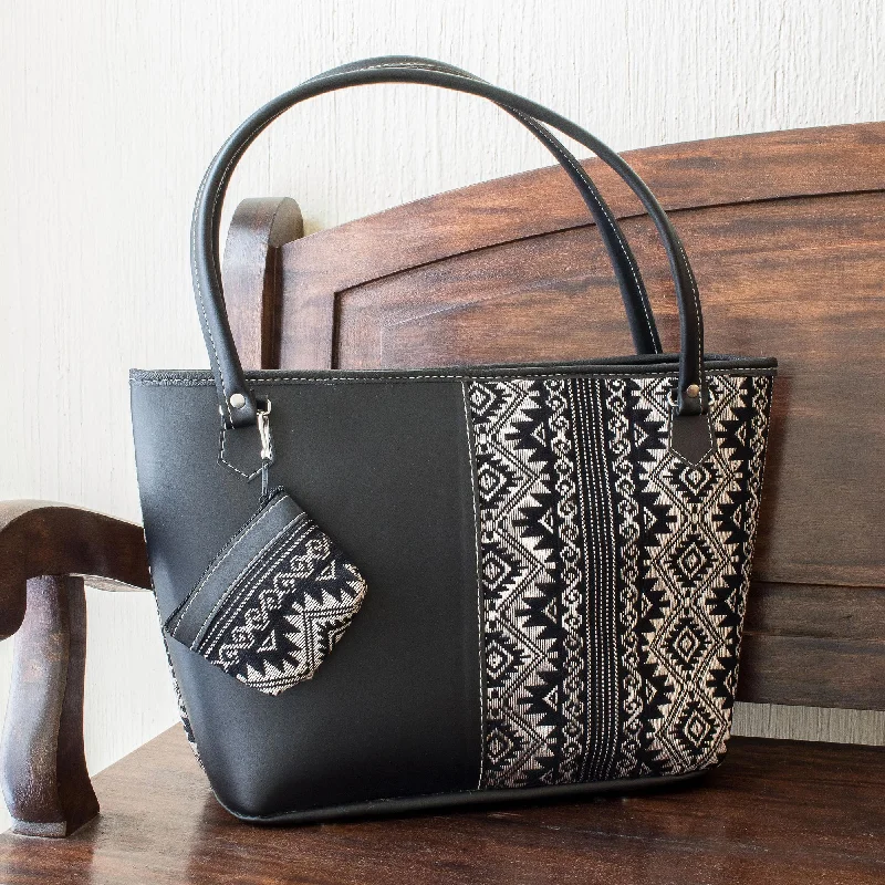 Feminine Subtlety in Black Black and Beige Cotton and Faux Leather Shoulder Bag