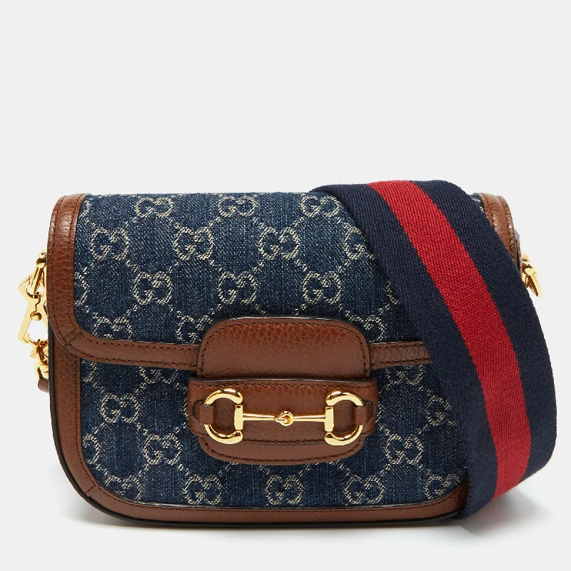 Gucci Blue/brown Gg Denim And Leather Mini Horsebit 1955 Crossbody Bag