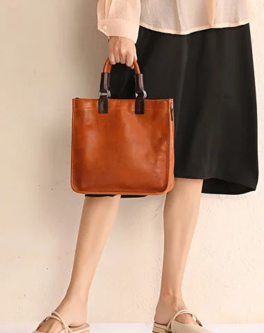 Vintage Brown Leather Handbag Tote Black Shopper Bag Shoulder Tote Purse For Women