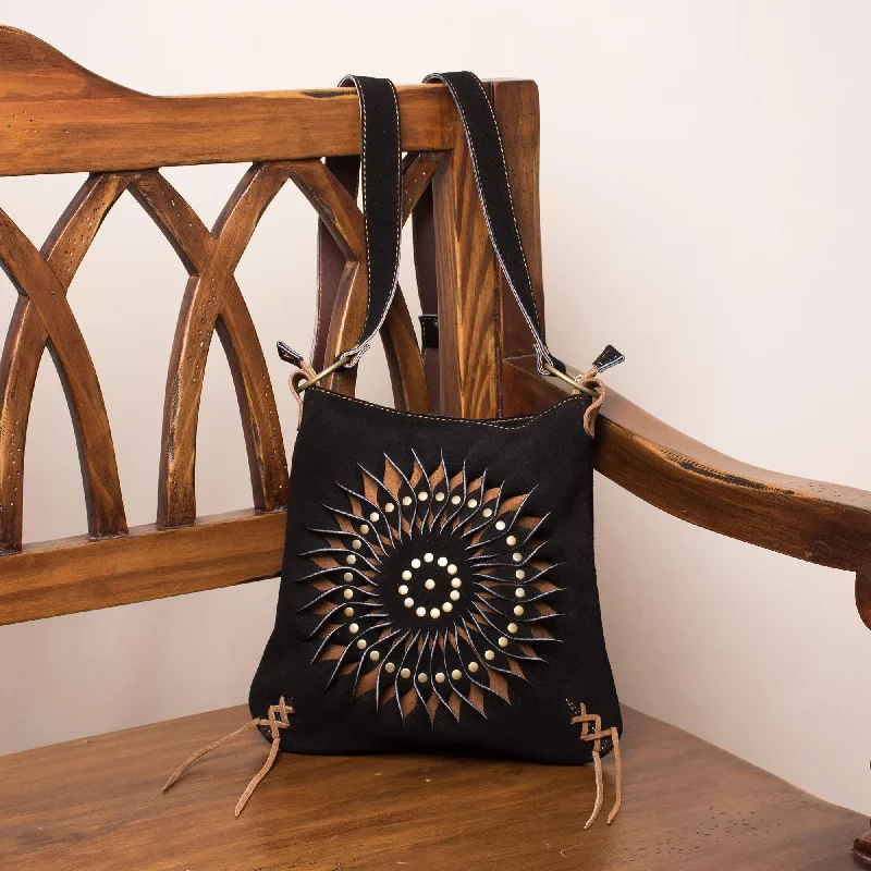 Mesmerizing Sun Black and Brown Suede Laser Cut Sun Motif Sling