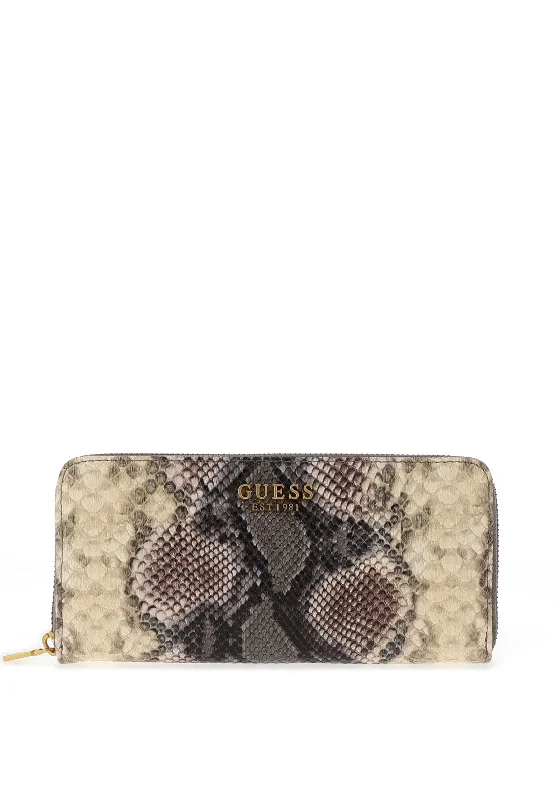 Guess Laurel Faux Reptile Print Large Zip Around Purse, Natural Multi