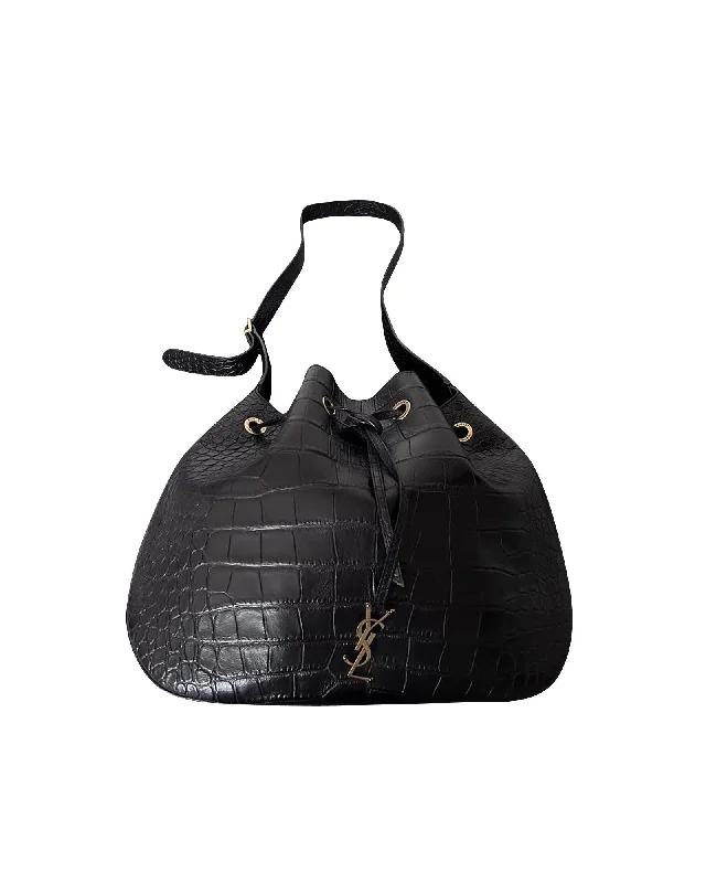 Saint Laurent Medium Paris VII Hobo Croc Effect Bag in Black Leather