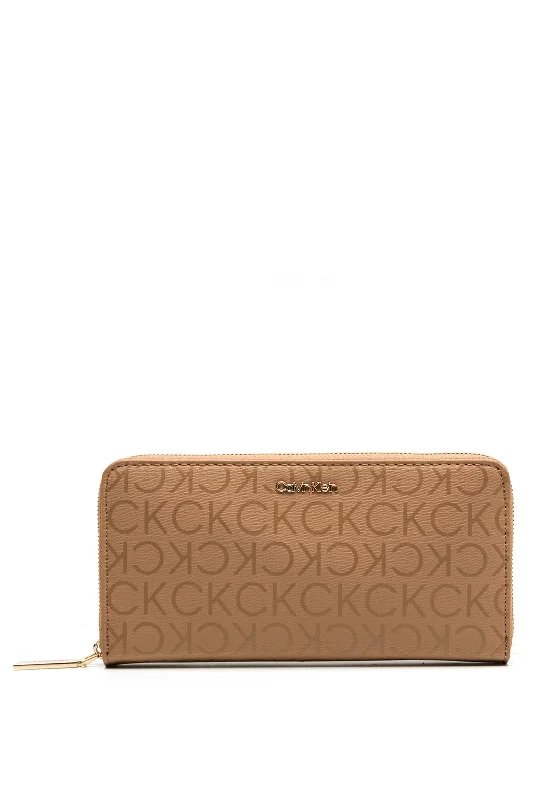 Calvin Klein Monogram Canvas Large Zip Around Wallet, Tan