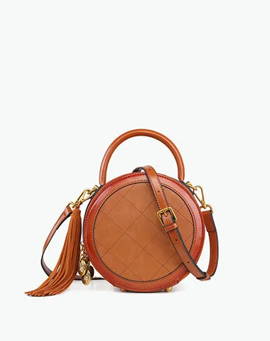 Womens Brown Leather Round Handbag Small Crossbody Purse Round Shoulder Bag for Women