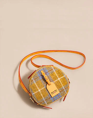 Cute Womens Small Yellow Leather Tweed Round Crossbody Purse Handmade Round Shoulder Bag for Women