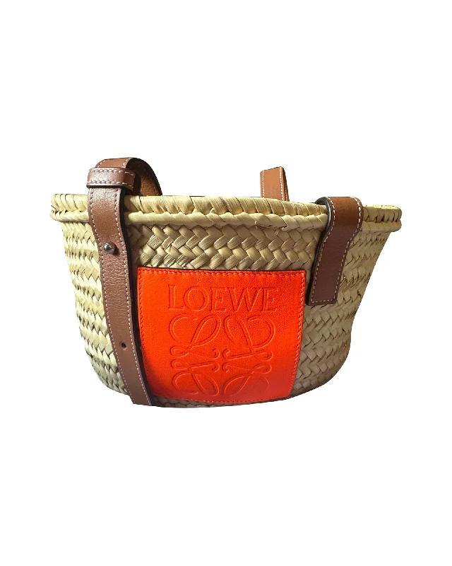 Loewe Small Basket Bag in Beige Raffia and Orange Calfskin Leather