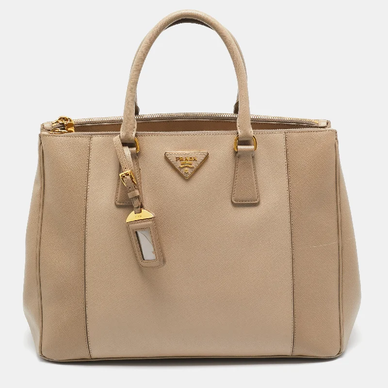 Prada Two Tone Beige Saffiano Lux Leather Large Double Zip Tote