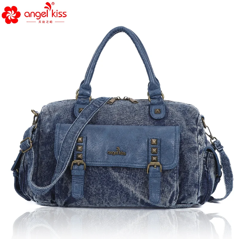 Solid color vintage denim women's tote shoulder bag