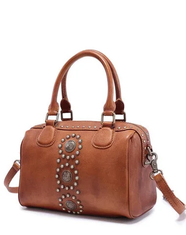 Brown Vintage Ladies Leather Rivet Boston Handbag Purse Red Shoulder Handbag for Women