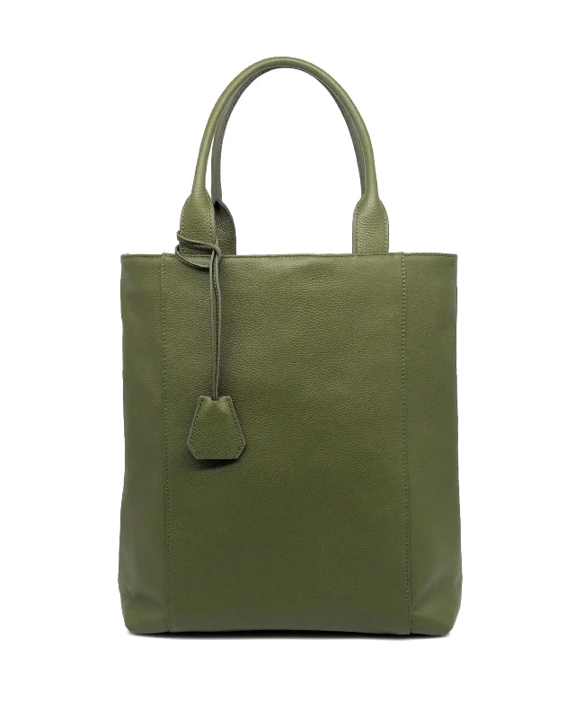 Pebble-Grain Leather Long Tote (Olive Green)