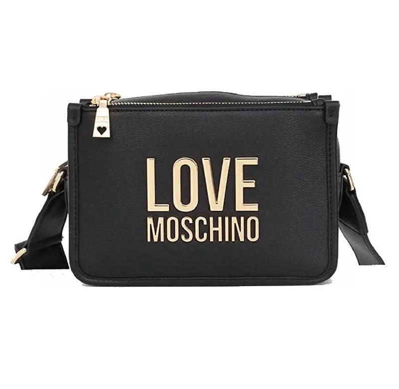 Leather Gold Logo Crossbody Messenger Handbag In Black