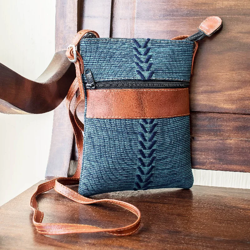 Comalapa Connection Blue and Teal Cotton and Leather Shoulder Bag