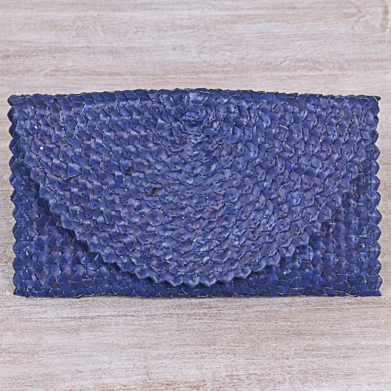 Navy Blue Trance Palm Leaf Fiber Clutch Handbag