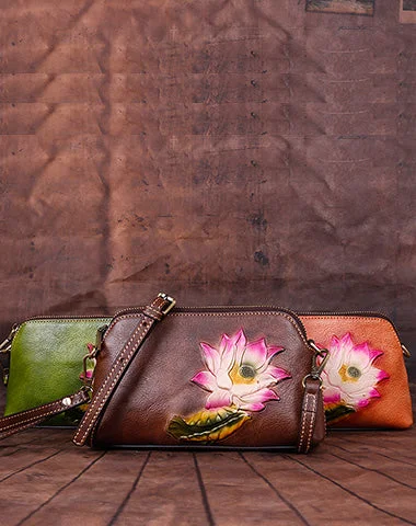 Womens Lotus Flower Leather Wristlet Wallets Shoulder Bag Small Crossbody Bag for Women