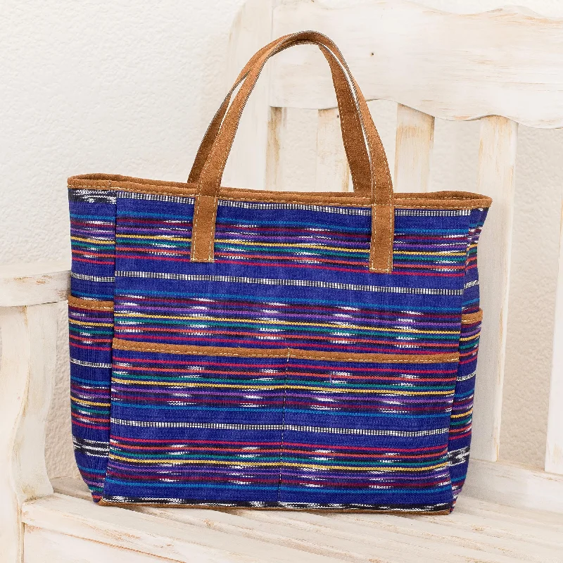 Champerico Bound Hand Woven Blue Multicolor Cotton Tote Purse from Guatemala