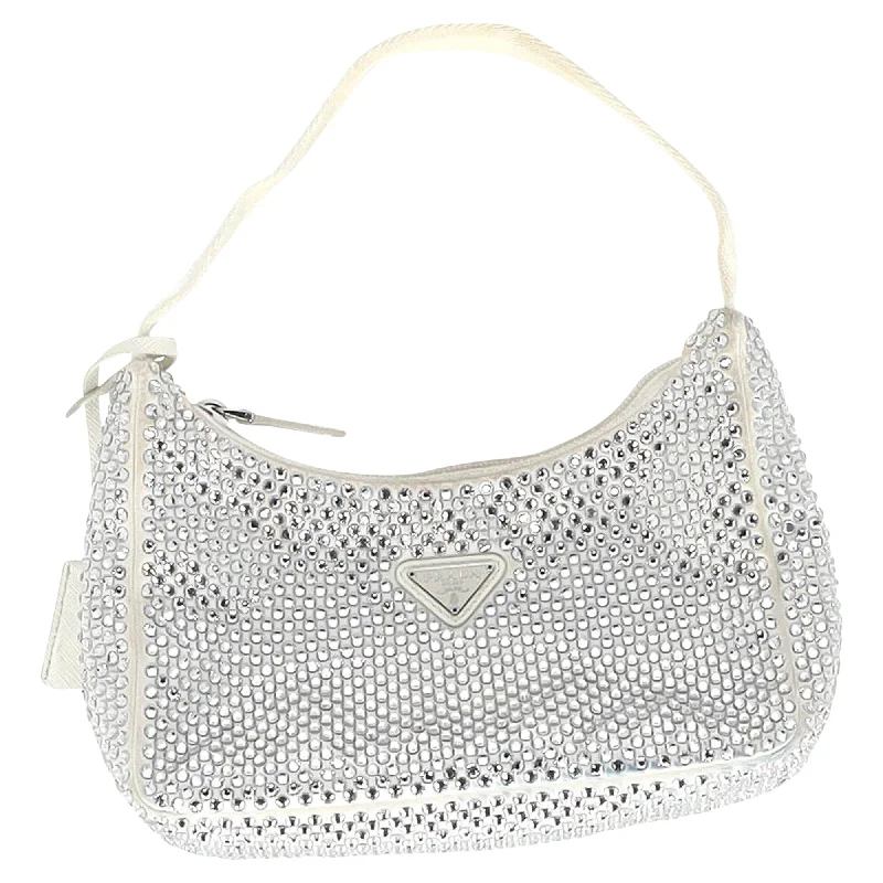 Prada Crystal-Embellished Re-Edition 2000 Bag in Cream Satin