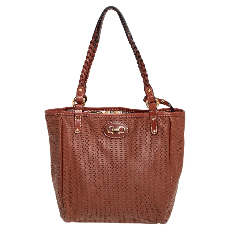 Salvatore Ferragamo Perforated Leather Braided Handle Tote