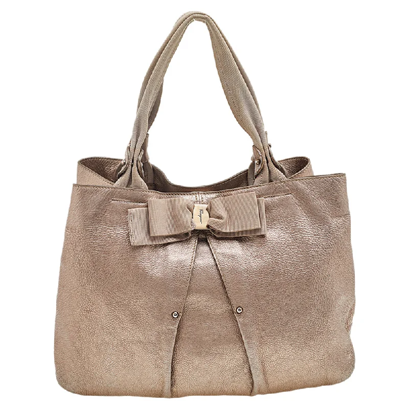 Salvatore Ferragamo Metallic Bronze Leather Miss Vara Bow Tote